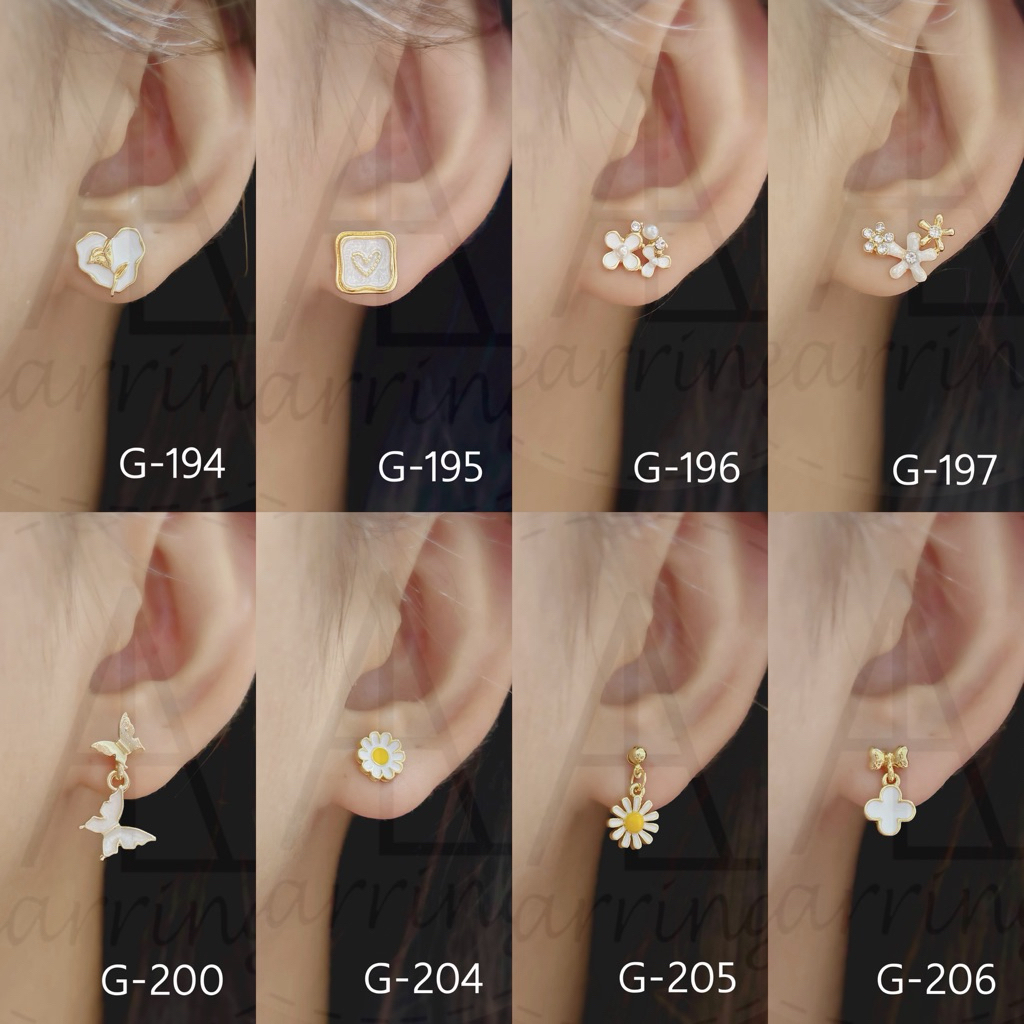 [G13] ต่างหูติดหูแฟชั่นเพ้นท์สีขาว/ขาวมุก พื้นหลัง(ตัวเรือน)สีทอง ราคาต่อ1คู่