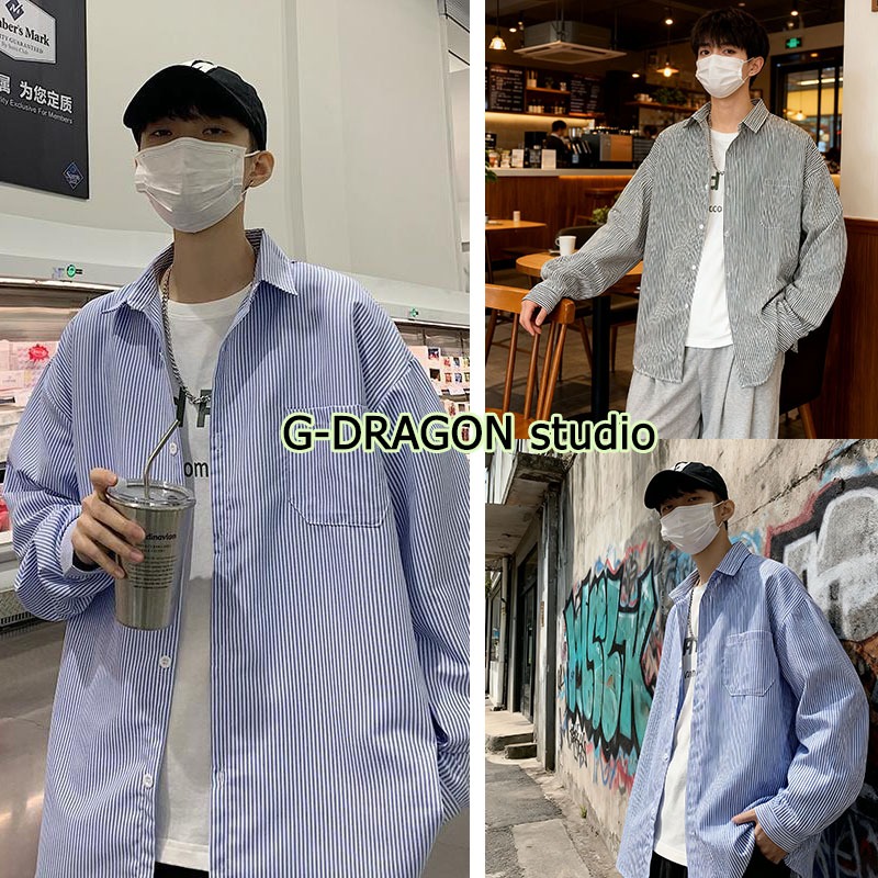 GD เสื้อผ้าท่อนบนสำหรับบุรุษ  เสื้อเช็้ด เสื้อเชิ้ตชายแขนยาว ลายเส้นแนวตั้งสีขาว-ฟ้า และ ขาว-ดำ 2 สีให้เลือก แบบ Oversiz
