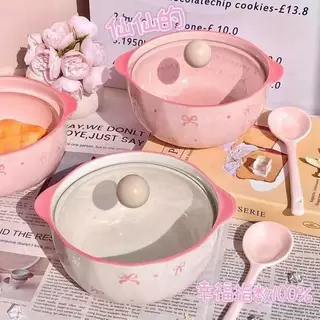 ชุดเซตถ้วยจานลายโบว์ เซต4ชิ้น เซต1คน เซรามิคเข้าไมโครเวฟได้