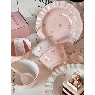 ชุดเซตถ้วยจานลายโบว์ เซต4ชิ้น เซต1คน เซรามิคเข้าไมโครเวฟได้