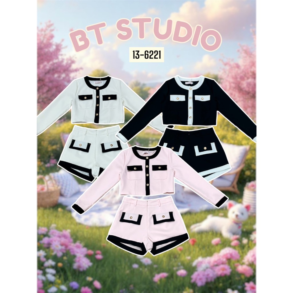 BT 13-6221 เซท 2 ชิ้น เสื้อแขนยาวคอกลม กระดุมหน้า กระเป๋าใช้งานได้จริงกางเกงขาสั้น ซิปหน้า แต่งกระเป๋าหลอก ซับในทั้งตัว