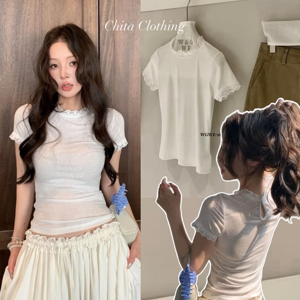 📍พร้อมส่ง📍9286 เสื้อแขนสั้นคอกลม แต่งลูกไม้ เนื้อผ้าดี ทรงสวย ใส่สบาย TAG:WG.WE 🇰🇷