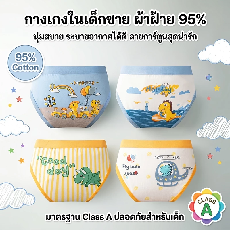 กางเกงในเด็กชาย 4 ตัว/ชุด ทรงสามเหลี่ยม ลายไดโนเสาร์การ์ตูน ผ้าฝ้าย 95% ยืดหยุ่น ใส่สบาย เกรด A