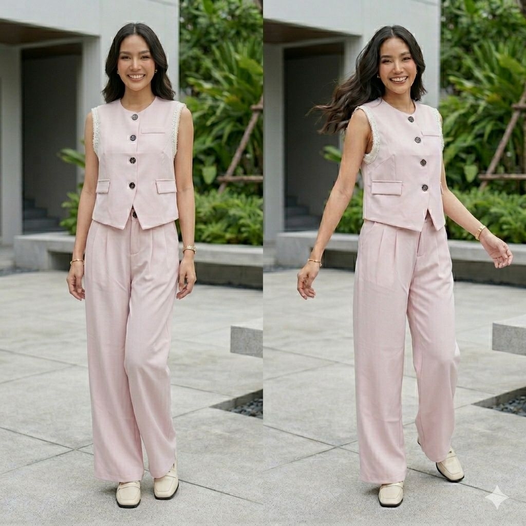 A22🌟​ชุดꔛ ꕤ ˚Set ผ้าสูทพรีเมี่ยม เสื้อมีซับในแต่งลูกไม้ที่แขน เอวไซส์ไม่สมอค สีชมพูอ่อนโทนสว่างꔛ ꕤ ˚