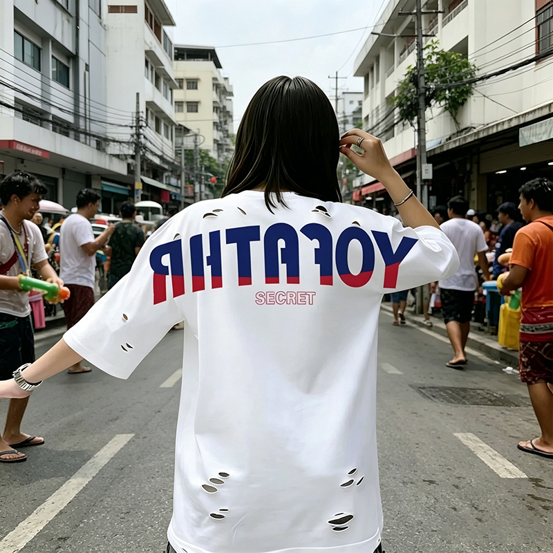 Top.street【ใหม่】 เสื้อยืดขาด เสื้อ oversize แขนสั้น วินเทจ ไม่ต้องรีด ใส่สบาย ผู้ชายและผู้หญิง 'SECRET' 2026