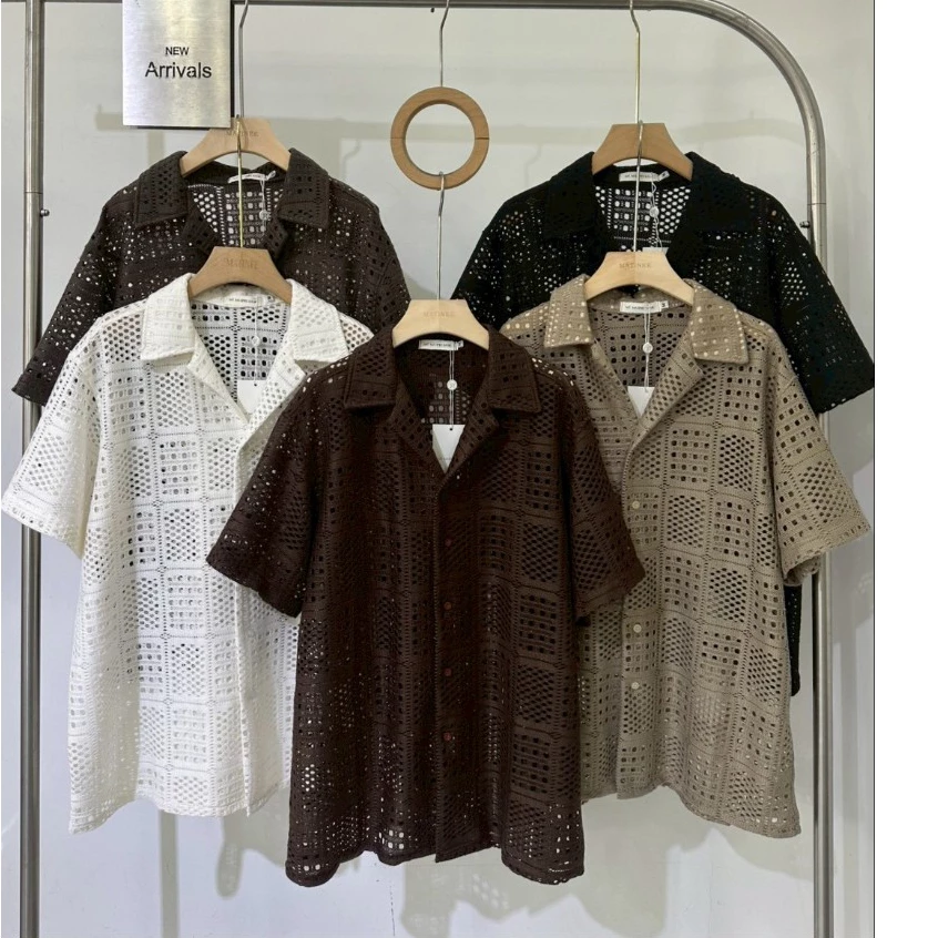 #ป้าย เสื้อเชิ้ตลูกไม้ชายสไตล์มินิมอล รุ่น N049 เท่แบบไม่ต้องพยายาม! เสื้อเชิ้ตลูกไม้ถักลาย