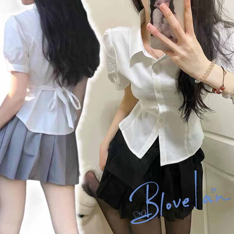 เสื้อเชิ้ตแขนสั้น แขนพอง สีขาว แฟชั่นฤดูร้อน สําหรับผู้หญิง