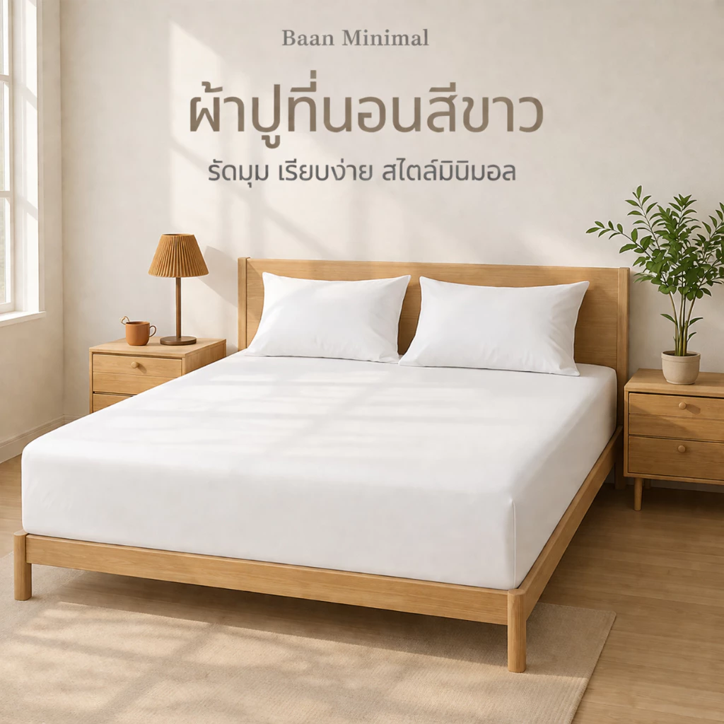 Baan Minimal ผ้าปูที่นอนรัดมุม สีขาว 3.5/4/5/6ฟุต คอตตอน 100% มินิมอล รัดมุมแน่น ไม่หลุดง่าย นุ่มสบาย