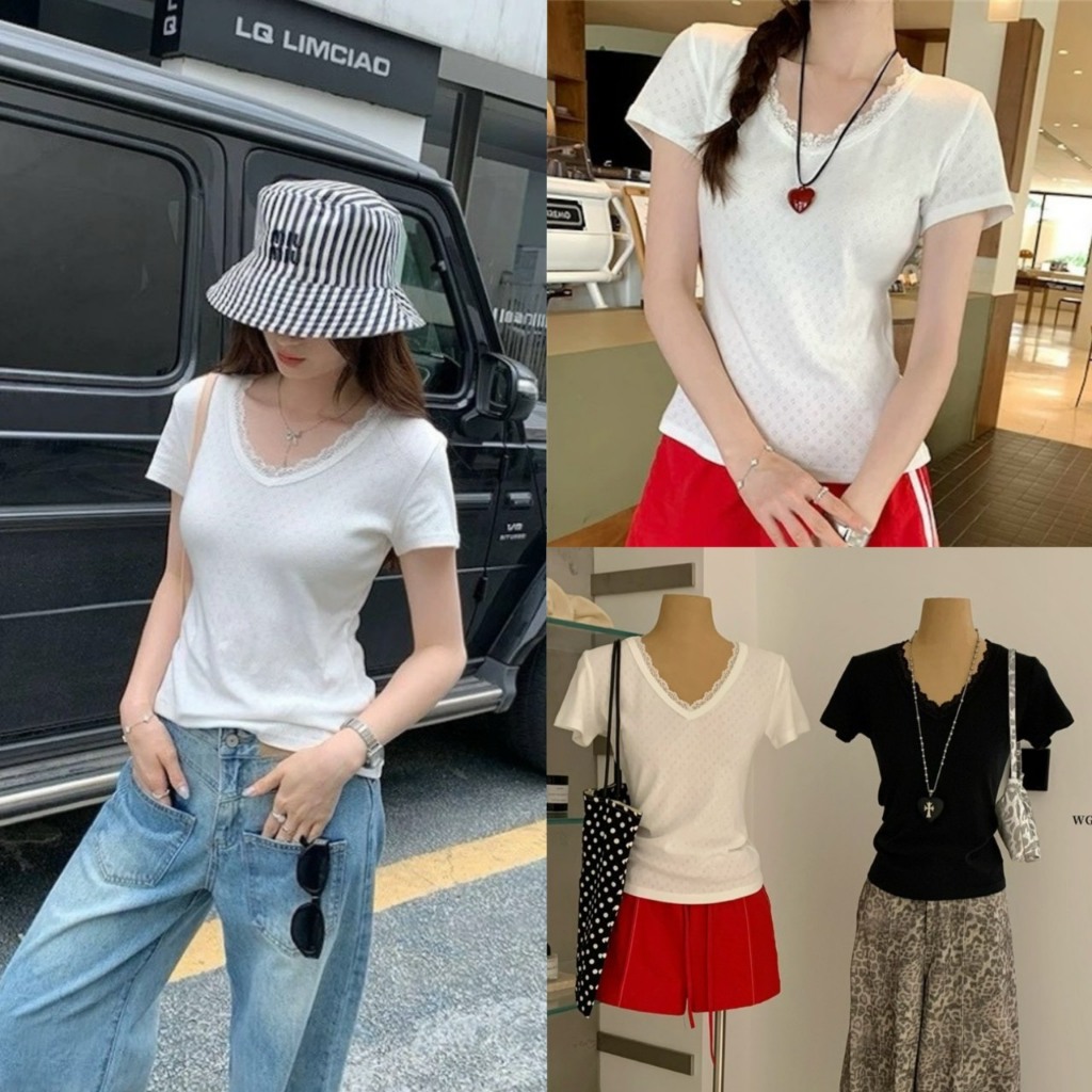 เสื้อยืดแขนสั้นคอวีแต่งลูกไม้รุ่น 9277 TAG WG.WE 🇰🇷