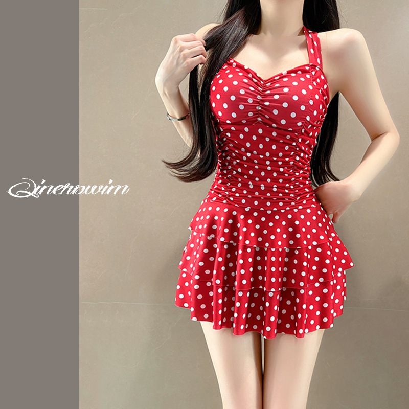 Bikinicutecute ชุดว่ายน้ำ วันพีช คล้องคอ แบบกระโปรง สีแดงลายจุด มีฟองน้ำ