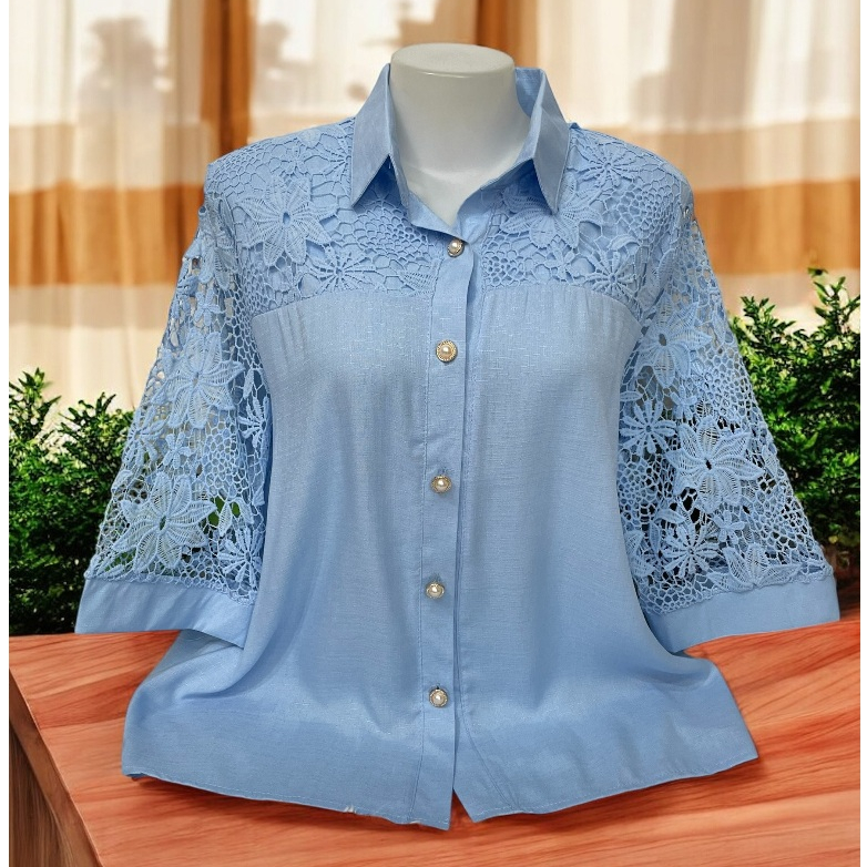 เสื้อผ้าลินินแขนลูกไม้่กระดุมคอปกลินินผสม รอบอก38-42/44-46/48-52นิ้ว ฟรีไซส์
