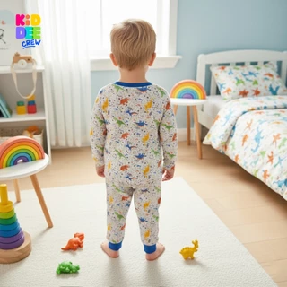 KiddeeCrew ชุดนอนเด็ก สีเทาไดโนเสาร์ฟ้า ผ้าcotton 100% เหมาะสำหรับอายุ 1-12 ปี