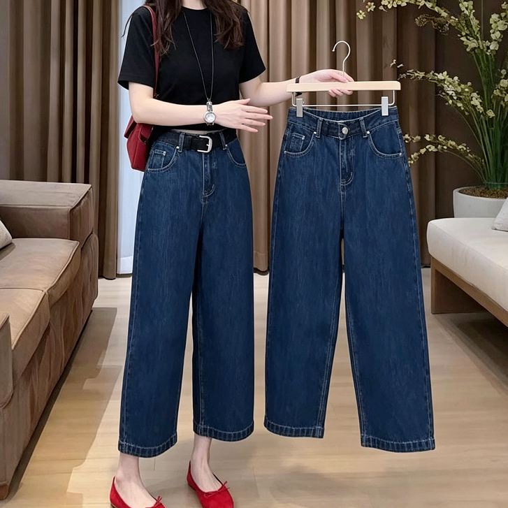 GHAOHES กางเกงยีนส์สีน้ำเงินวินเทจทรงหลวมเรียบง่าย กางเกงฮาเร็ม 9 ส่วน#Jeans🌻🌻