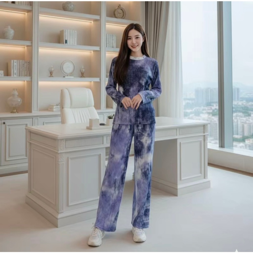 ชุดเซ็ทลายมัดย้อม ชุดเซทแขนยาว ชุดเซทสาวอวบน่ารักๆ ชุดเซ็ท ชุดทำงานสาวอวบ ผ้าพริ้วใส่สบายสวย TZ9987