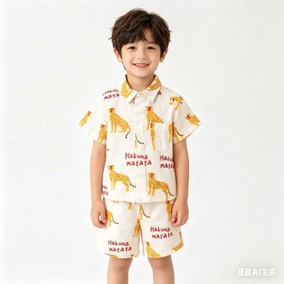 MC034 ชุดเซ็ต เสื้อเชิ้ตแขนสั้น + กางเกงขาสั้น พิมพ์ลายเสื้อ แฟชั่นฤดูร้อน สําหรับเด็กผู้ชาย Songkran