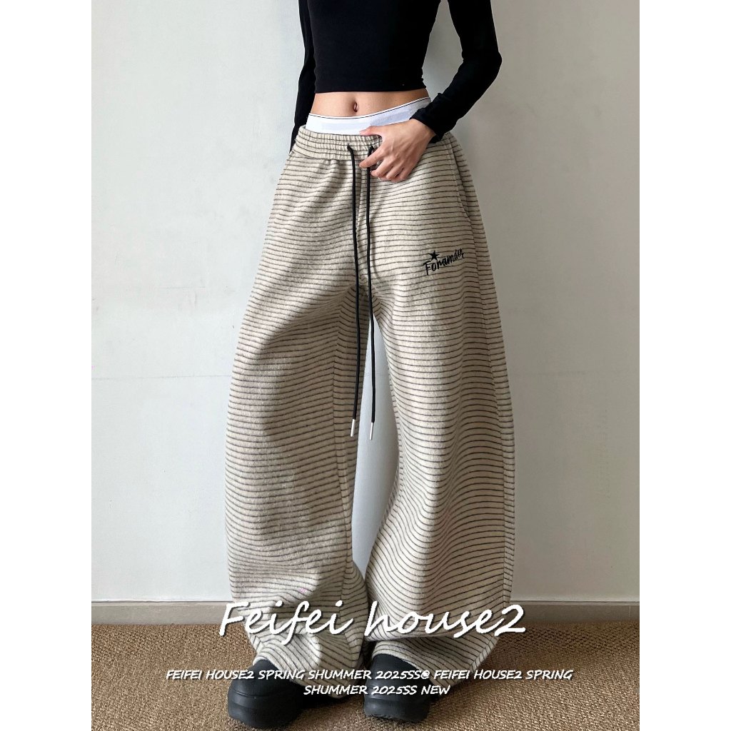 [Letter Embroidered Striped Pants]กางเกงขายาวสไตล์อเมริกันปักอักษรลายทางสีคอนทราสต์สายรัดหลวม