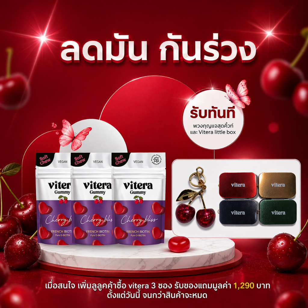 Vitera วิตามินบำรุงผม สูตรลดมัน–กันร่วง Pure D-Biotin ฝรั่งเศส ( Set 3ซอง)
