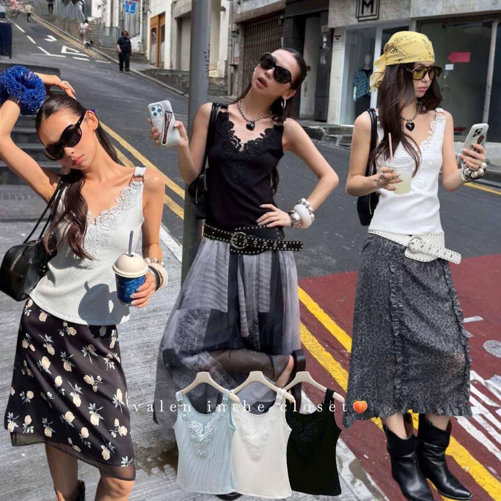 ส่งด่วน 🛵26T190 𝗥𝗢𝗡𝗔𝗡 𝗥𝗜𝗕𝗕𝗘𝗗 𝗧𝗢𝗣 เสื้อกล้ามผ้าร่อง งานปักลูกไม้ลายดอกไม้ MMFISH