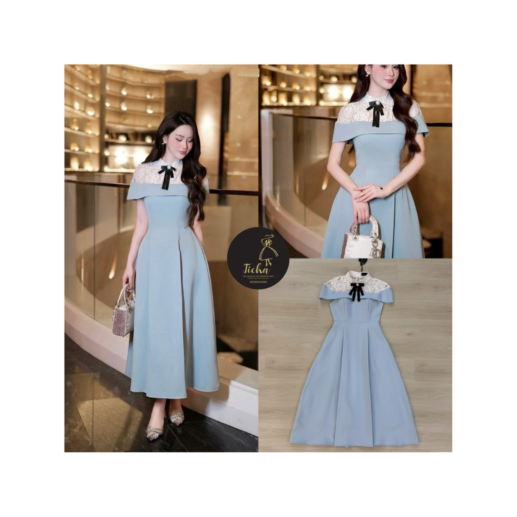 D8 งานป้าย Ticha Dress เดรสยาว มาพร้อมเข็มกลัดริบบิ้นโบว์ สำหรับผู้หญิง เสื้อผ้าแฟชั่นผู้หญิง ไซส์ S-XL