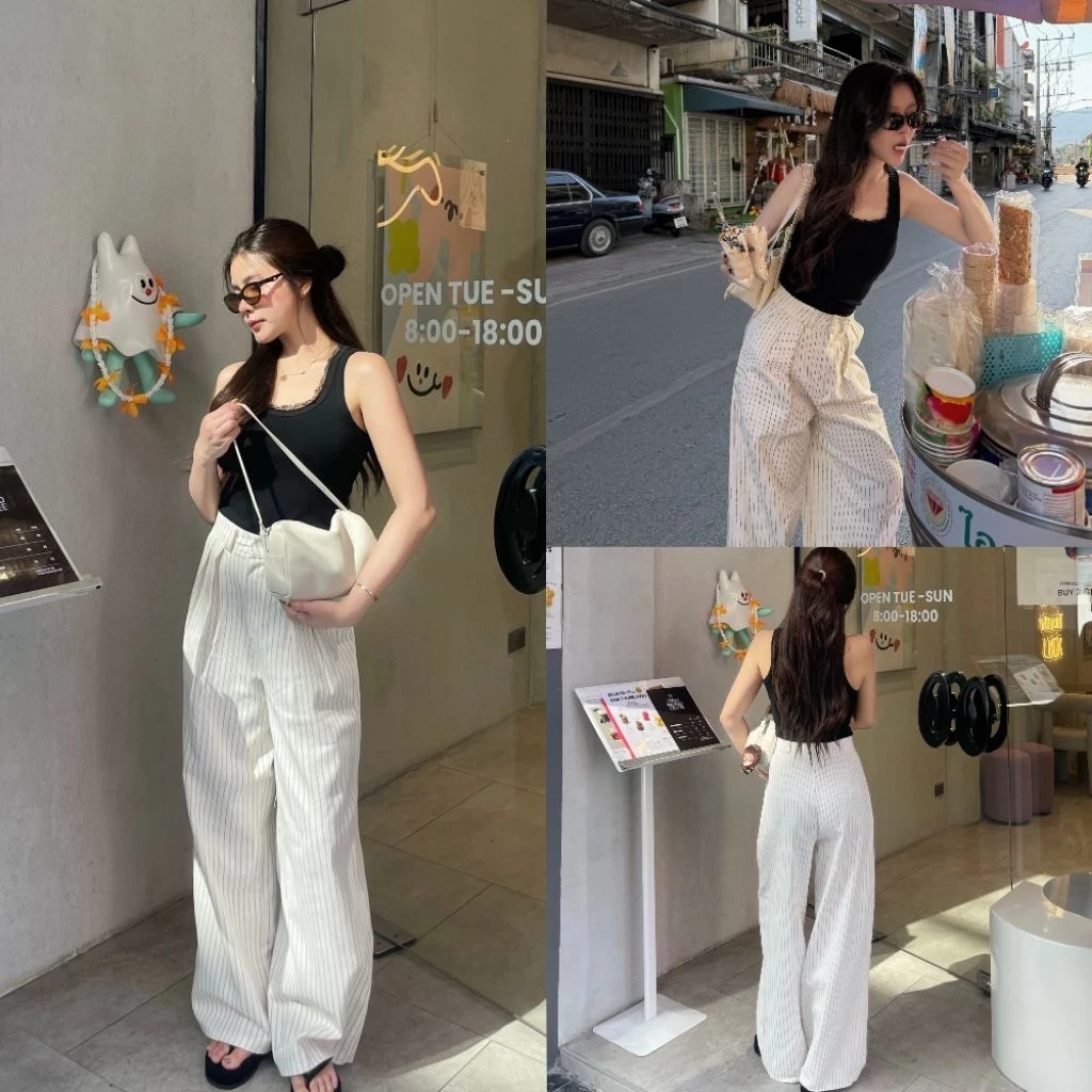 COTTON PANTS กางเกงขากระบอกลายริ้วผ้าคอตตอน