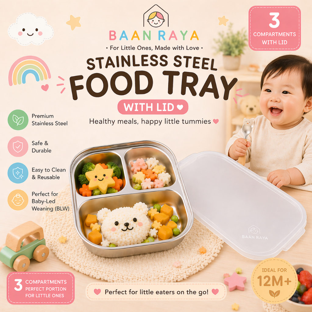 จานหลุมสแตนเลส เด็ก แบ่งช่อง 2/3/4 ช่อง ถาดอาหารเด็ก BLW ข้าวกล่องเบนโตะ Food Tray Stainless Steel Baan Raya