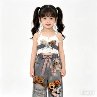 BB247 ชุดเด็กผู้หญิง เสื้อสายเดี่ยวแต่งระบาย+กางเกงขายาวลายหมี น่ารักหวานๆ