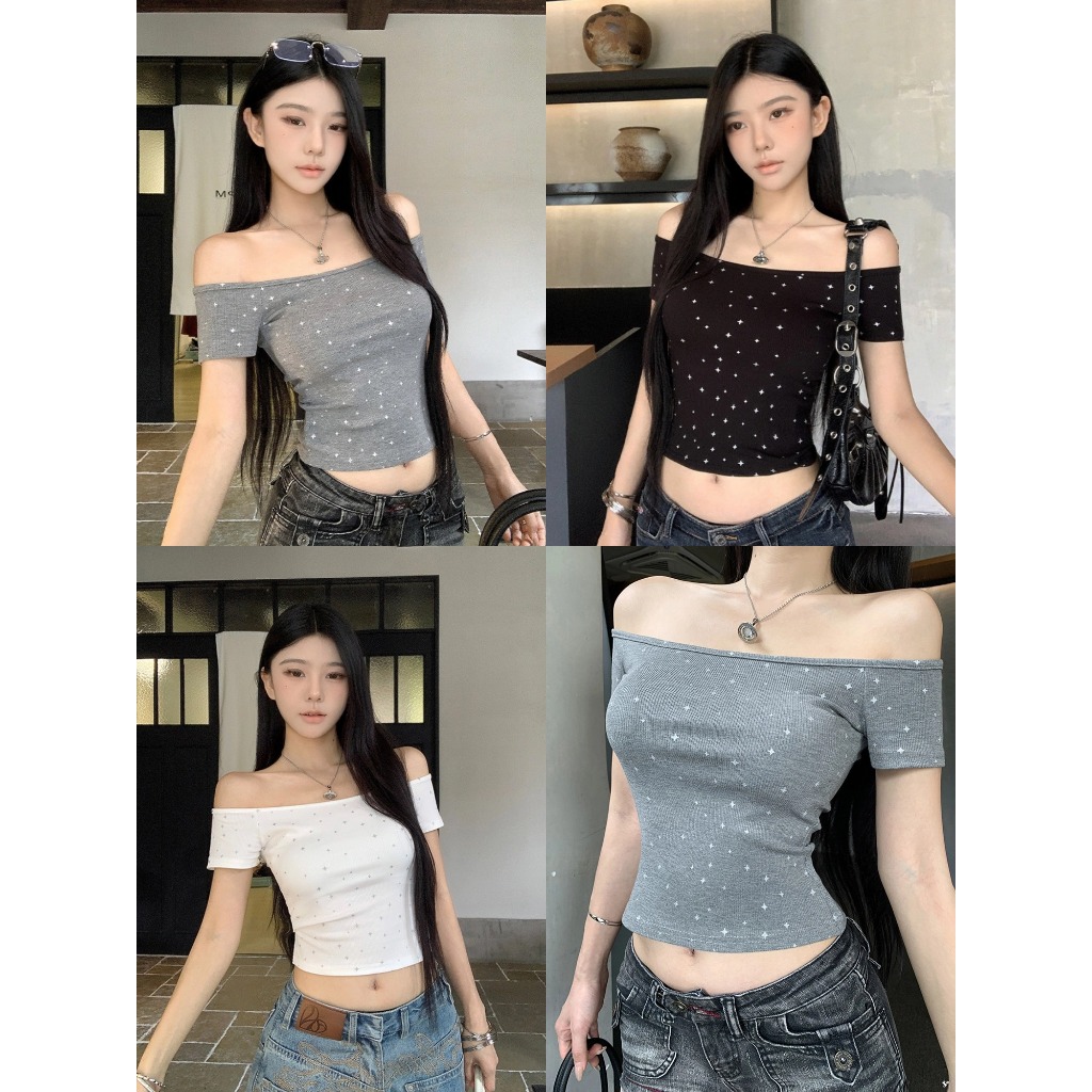 เสื้อเปิดไหล่ เสื้อสั้นเอวโชว์ ลายดาว ใส่ได้ทุกวัน สไตล์เกาหลี ออกแบบสวย #1501434