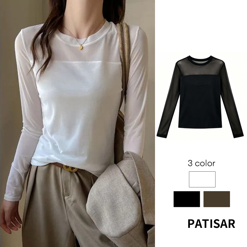 เสื้อยืดแขนยาวผ้าตาข่ายสองชั้นสำหรับผู้หญิง ทรงเข้ารูป สวมใส่ได้หลายโอกาส ทันสมัย PR