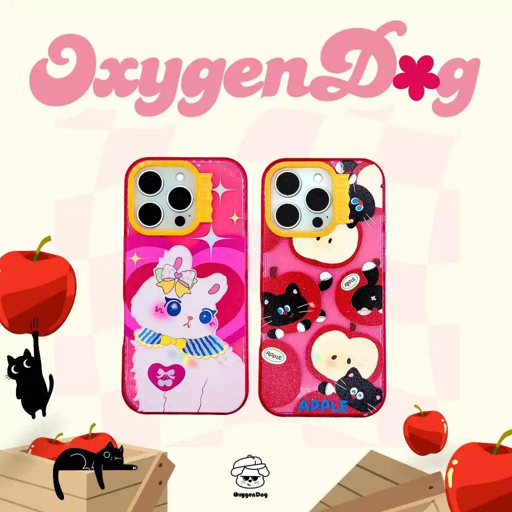 Oxygendog case เคสไอโฟน กลิตเตอร์ ลายการ์ตูน แมวดำ แมวขาว For iPhone 16ProMax 16 15ProMax 15 14 13