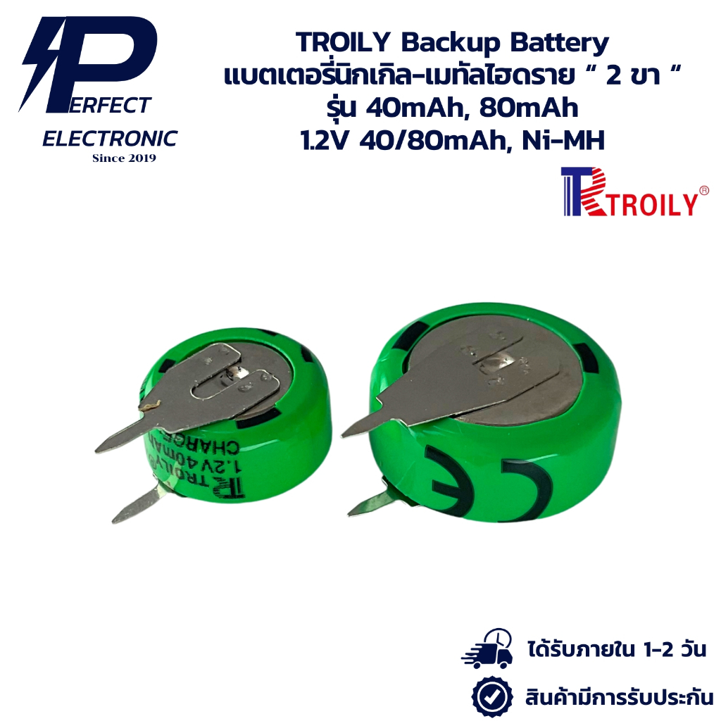 40mAh, 80mAh TROILY Backup Battery แบตเตอรี่นิกเกิล-เมทัลไฮดราย " 2 ขา " 1.2V 40/80mAh, Ni-MH สินค้ามีพร้อมส่งในไทย