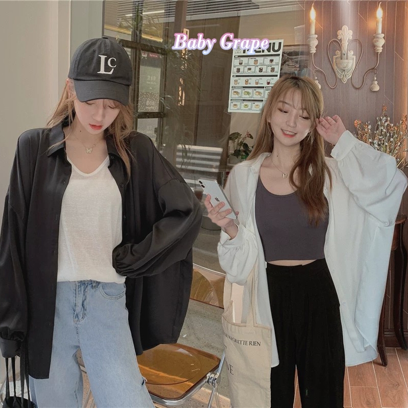 Baby Grape#เสื้อเชิ้ตสไตล์เกาหลีผู้หญิงแขนยาว ทรงหลวม ผ้าบาง ป้องกันรังสียูวี สีพื้น แฟชันฤดูร้อน W241