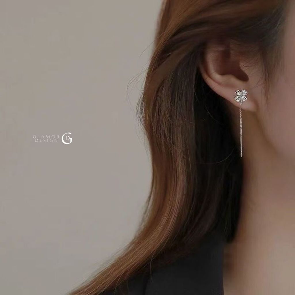 GLAMOR✨ต่างหูเงินแท้ Lucky Line ต่างหูรูปใบโคลเวอร์สี่แฉก ใส่ได้ตั้งแต่เช้ายันค่ำ ต่างหูเพชร ด้ายหู รูปที่ 7