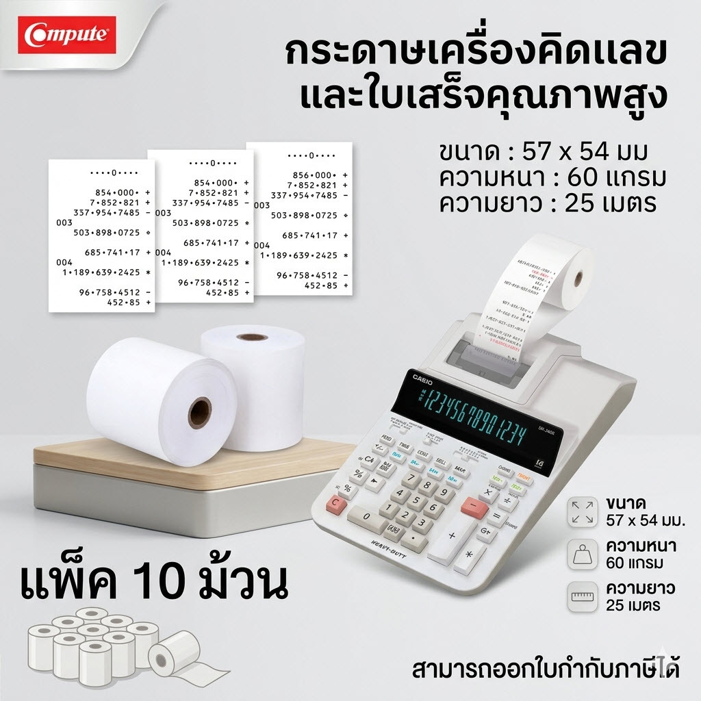 🚀ส่งด่วน🚀(10ม้วน) กระดาษบวกเลข 57x54มม ใช้กับเครื่องคิดเลข Casio กระดาษใบเสร็จ สีขาว GR24 RB02 IR40T