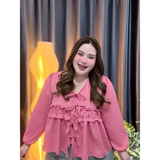 เสื้อพลัสไซส์ รุ่น ง65 Layer Blouse อกใหญ่ใส่ได้ เสื้อสาวอวบ ผูกโบว์ แขนยาว ทรงปล่อย ใส่สบาย ไม่รัด
