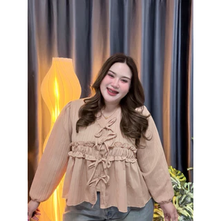 เสื้อพลัสไซส์ รุ่น ง65 Layer Blouse อกใหญ่ใส่ได้ เสื้อสาวอวบ ผูกโบว์ แขนยาว ทรงปล่อย ใส่สบาย ไม่รัด