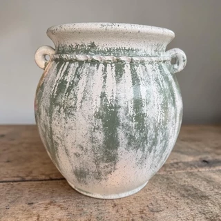 Flowerpot กระถางดินเผาทรงโอ่งอ้วนปากบาน มีหู 2 หู สีวินเทจสไตล์ ขนาด 33 X 31 cm.