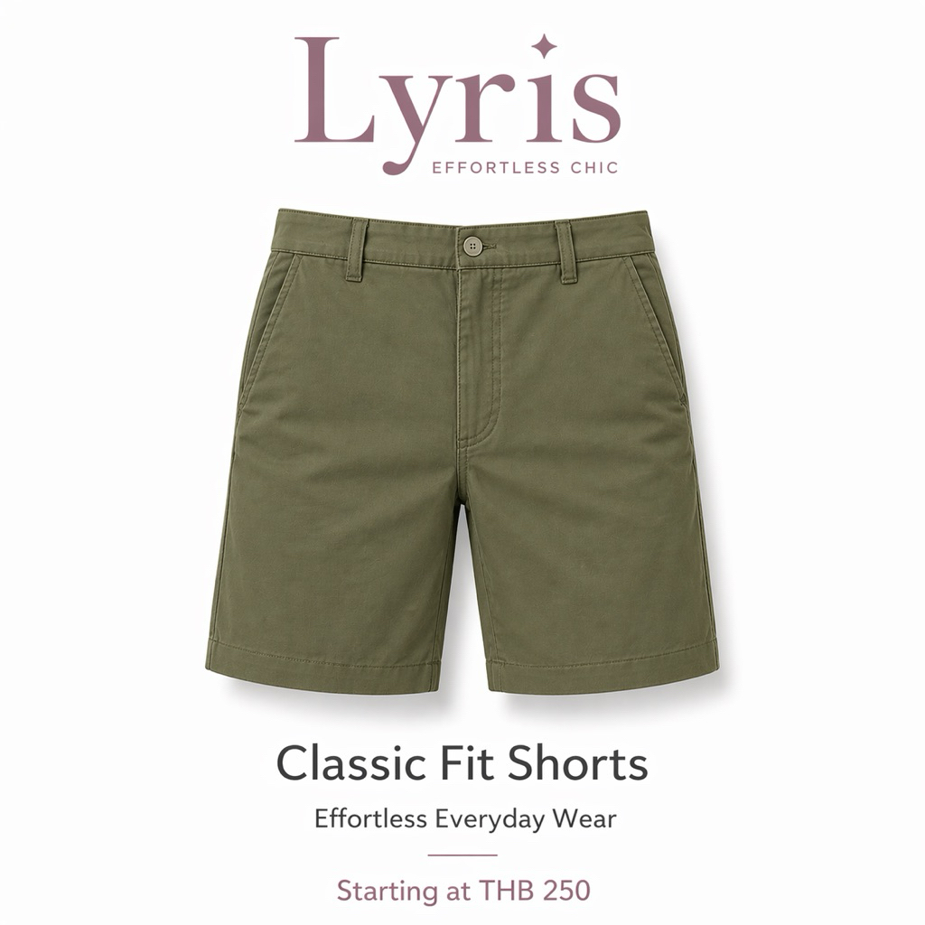 Lyris กางเกงขาสั้นผู้ชาย สีเขียวโอลีฟ Olive Classic Fit (14 นิ้ว) ทรงสวยผ้าเข้ารูป ใส่สบาย ไม่ร้อน ไม่รัดเป้า ลำลองสุภาพ