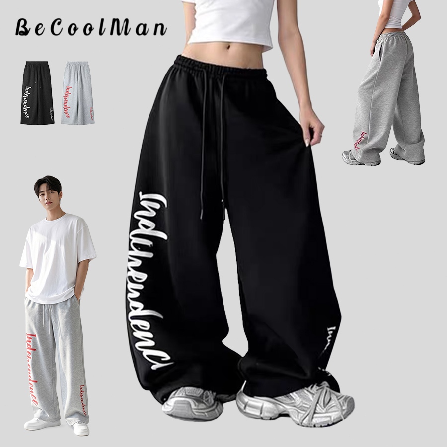 💥BecoolMan💥กางเกงวอร์มกีฬา สไตล์อเมริกันหลวม ขาตรง กางเกงลำลอง ฮิปฮอป ขากว้าง ความรู้สึกสบาย เชือกผูกเอว เข้ากับทุกชุด