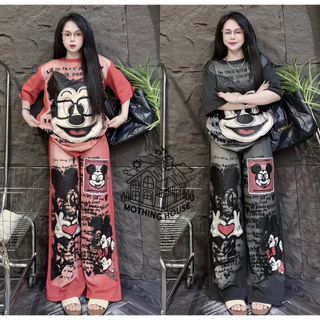 Set 2ชิ้น พิมพ์ลายมิกกี้ใส่แว่น กางเกงขายาว ฟรีไซร์