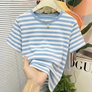 เสื้อยืดลายทางสีเขียว คลาสสิกสไตล์เกาหลี ผ้านุ่มใส่สบายๆ เหมาะใส่ทุกโอกาส