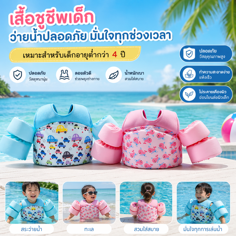 เสื้อชูชีพปลอกแขนสำหรับเด็กอายุ 2-6 ปี รับน้ำหนักได้ 11-30 กก รอบ อก 75 ถึง 85 ซม.