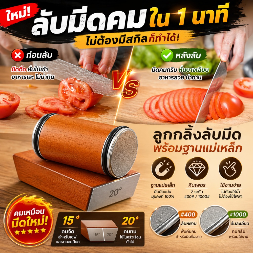 เครื่องลับมีดลูกกลิ้ง 🔪 พร้อมฐานแม่เหล็ก 15°/20° หินลับมีดเพชร 400/1000 ลับคมง่าย ไม่ต้องใช้ไฟฟ้า อุปกรณ์ครัวมืออาชีพ