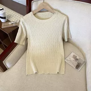 LITTLEMOM เสื้อยืดคอกลมแขนสั้นลายเปีย ถักเกลียว สำหรับผู้หญิง มี 2 ไซส์ รุ่น YUED