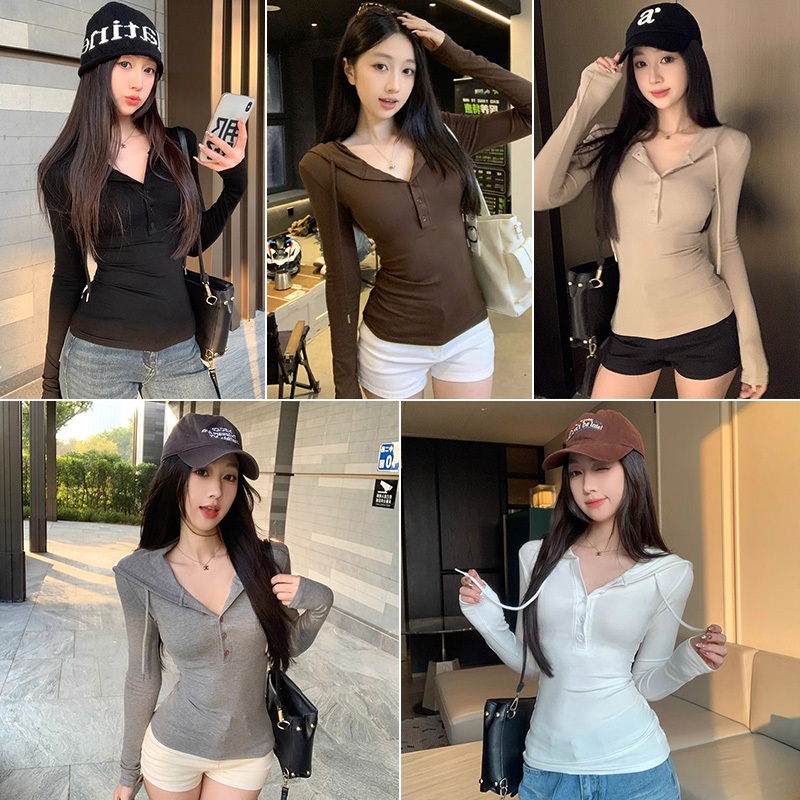 ส่งจากไทย💥เสื้อเชิ้ตผู้หญิง เสื้อฮู้ดแขนยาว สีพื้น ดีไซน์ติดกระดุมครึ่งตัว ทรงเข้ารูป ช่วยให้คุณดูผอมเพรียวขึ้น #F081