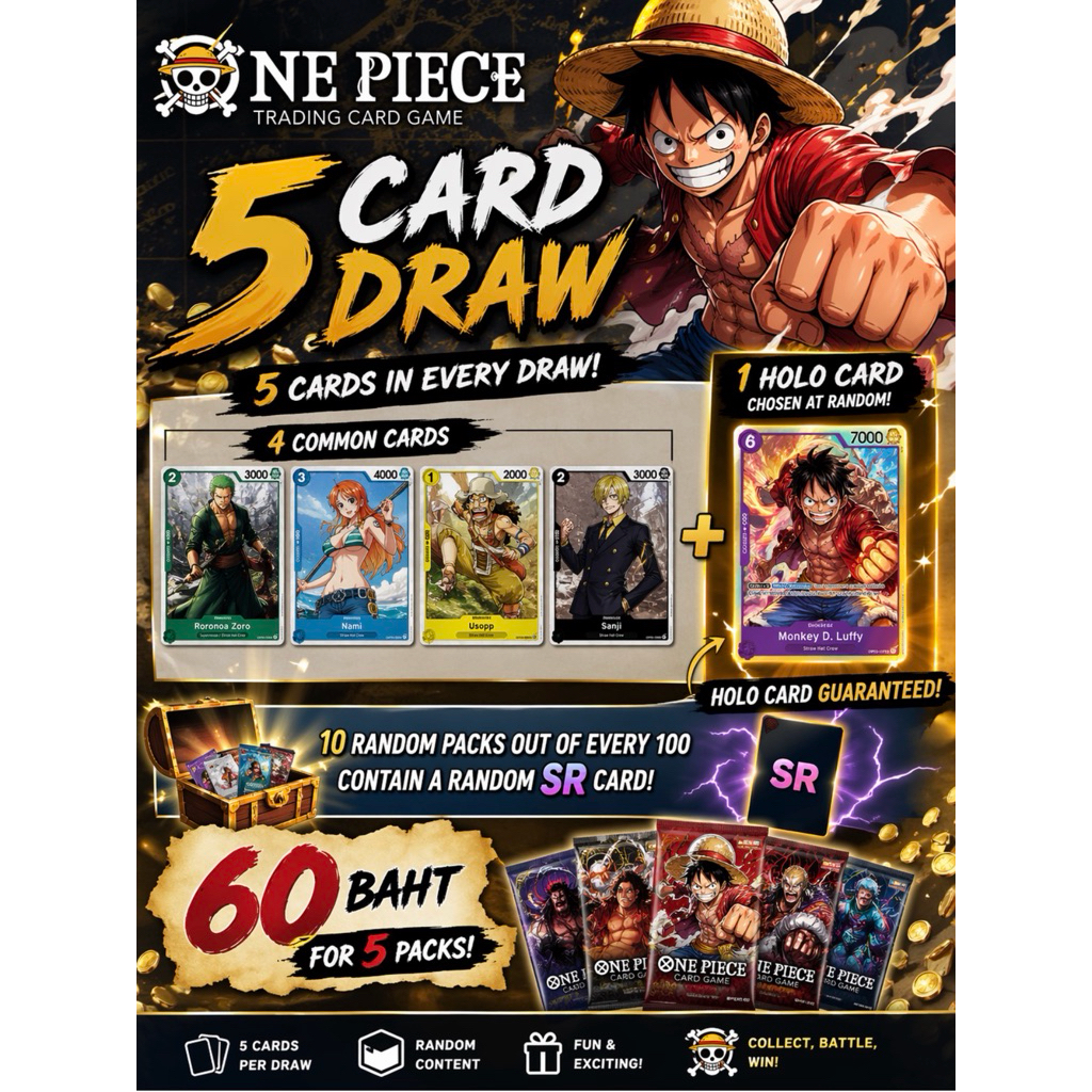 One Piece Card Game – 5 Card Draw | การันตีการ์ดโฮโล + ลุ้น SR | 60 บาท (5 แพ็ค)