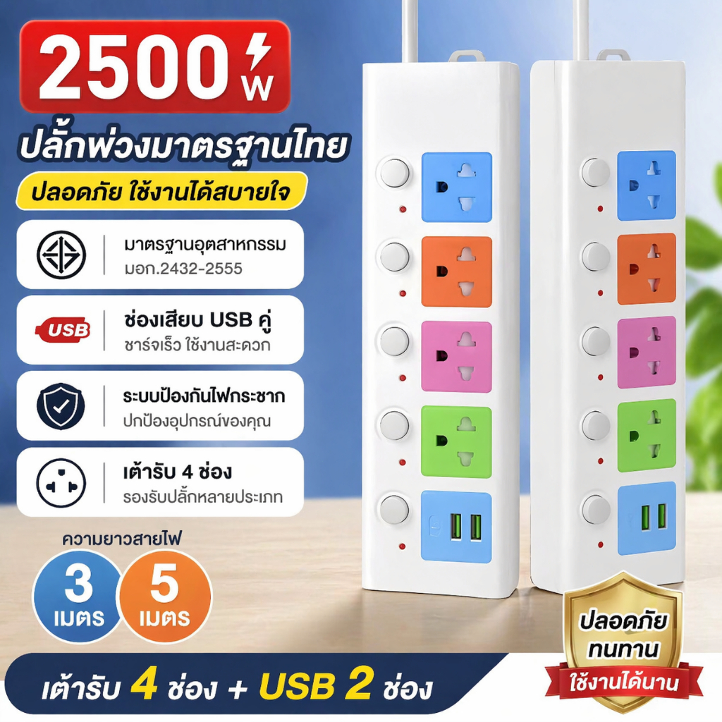 ปลั๊กสามรู พร้อมพอร์ต USB สำหรับชาร์จ จำนวน 4 ช่อง แต่ละช่องมีสวิตช์แยก ความยาว 3/5 เมตร