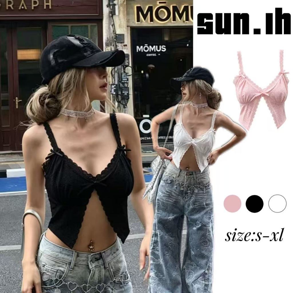 SUN🛍️พร้อมส่ง🛍️เสื้อสายเดี่ยวผ้าลูกไม้สีสันสดใสสไตล์สตรีทแฟชั่น สไตล์สาวฮอต