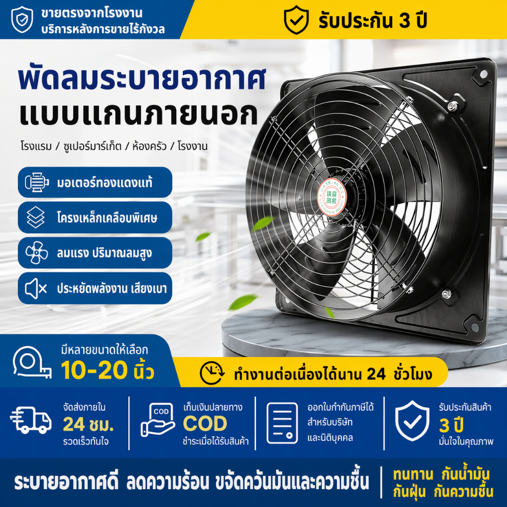 พัดลมดูดอากาศติดผนังรุ่นทนทานพิเศษ 10-20 นิ้ว เลือกขนาดได้ตามต้องการ กันน้ำกันฝุ่น ป้องกันแมลงเข้าสู่ตัวเครื่อง ใช้งานต่