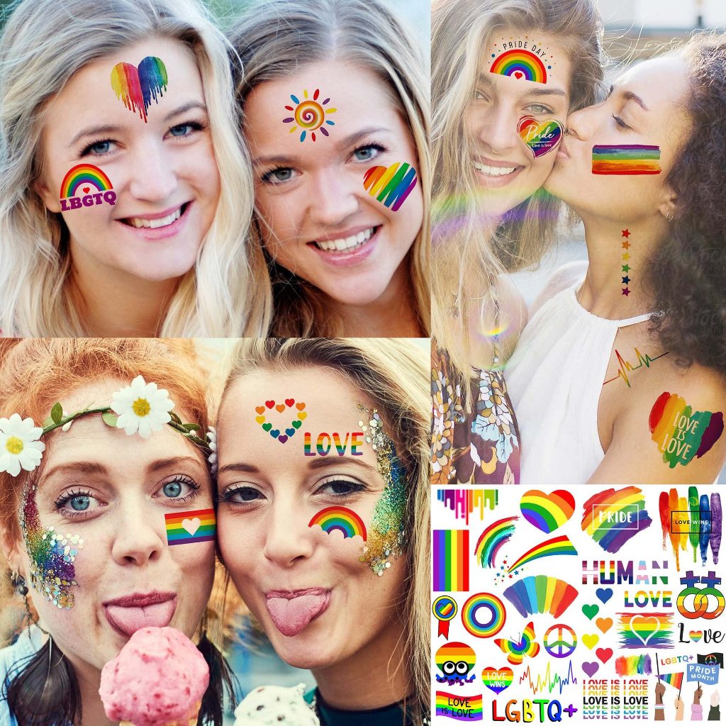 แทททูสีรุ้ง Hippie Peace Love Rainbow แทททู ฮิปปี้ สีรุ้ง รอยสัก PRIDE LGBT LGBTQ Temporary Tattoo W
