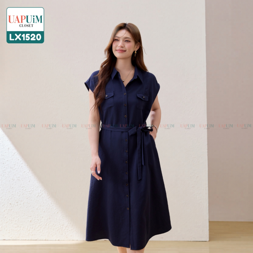 (LX1520)ชุดเดรสสาวอวบเดรสทรงเชิ้ตที่คัตติ้งเป๊ะที่สุด! มาในโทนสีกรมท่าที่ช่วยขับผิวให้ดูออร่า